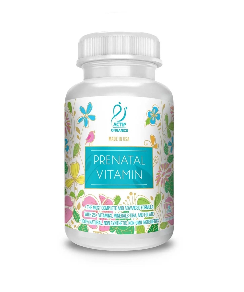 ACTIF Vitamine prénatale biologique avec 30+ Vitamines organiques, 100% naturelles, DHA, EPA, Oméga 3, et mélange à base de plantes organiques - Non-OGM, 90 Compte, 2024 Formule