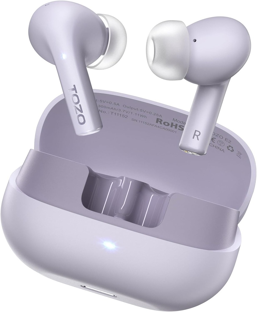 TOZO E2 draadloze oordopjes met 2 Mics AI Call Noise Annulering, 10mm stuurprogramma's met krachtige bas, App aanpassen 32 EQs, 30H Playtime, Bluetooth 5.3 oor Buds, Comfort Fit in-ear hoofdtelefoons