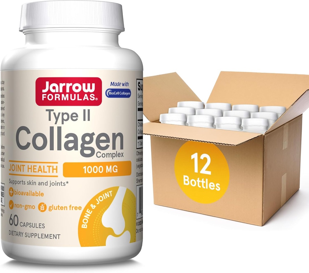 Jarrow Formules Type II Collageen Complex 1000 mg Supplementen, Ondersteunt huid en Joint Health, 60 Capsules, 30 Day Supply(pakket van 12)