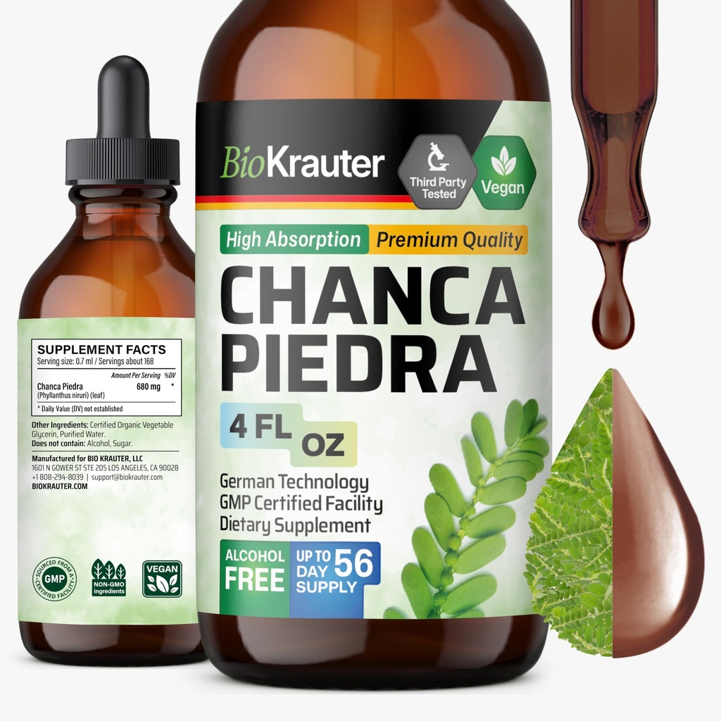 BIO KRAUTER Chanca Piedra Tinctuur - Natuurlijke Niergezondheidsondersteuning Liquid - Chanca Piedra Stone Breaker & Gallblad Cleanse Formula - Veganistische, Alcohol & Sugar Free Drops - 4 oz