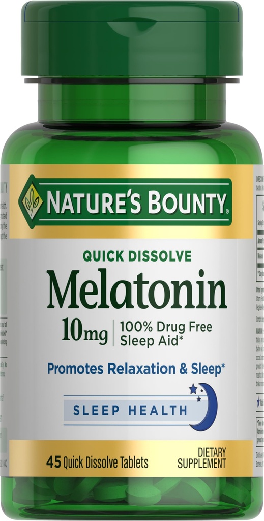Nature's Bounty Melatonine, 100% Drug gratis slaaphulp, Dieetsupplement, bevordert ontspanning en slaap gezondheid, 10mg, 45 Quick Solution Tablets