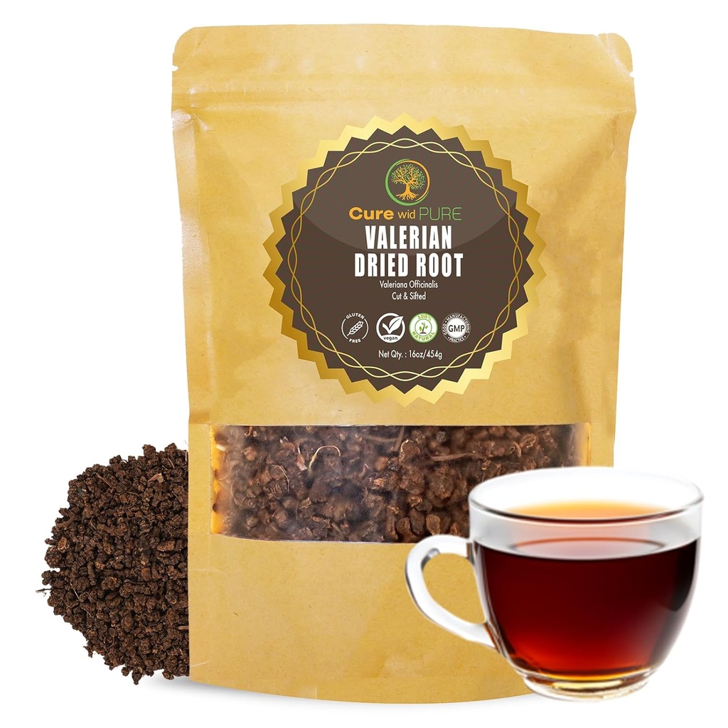 Cure wid Pure Organic Valerian Root Tea - Cut,Sifted & Non-Iradionated Valerian Tea favorise le sommeil relaxant naturel - Te De Valeriana officinalis in Resealable Eco Friendly Pouch 16oz