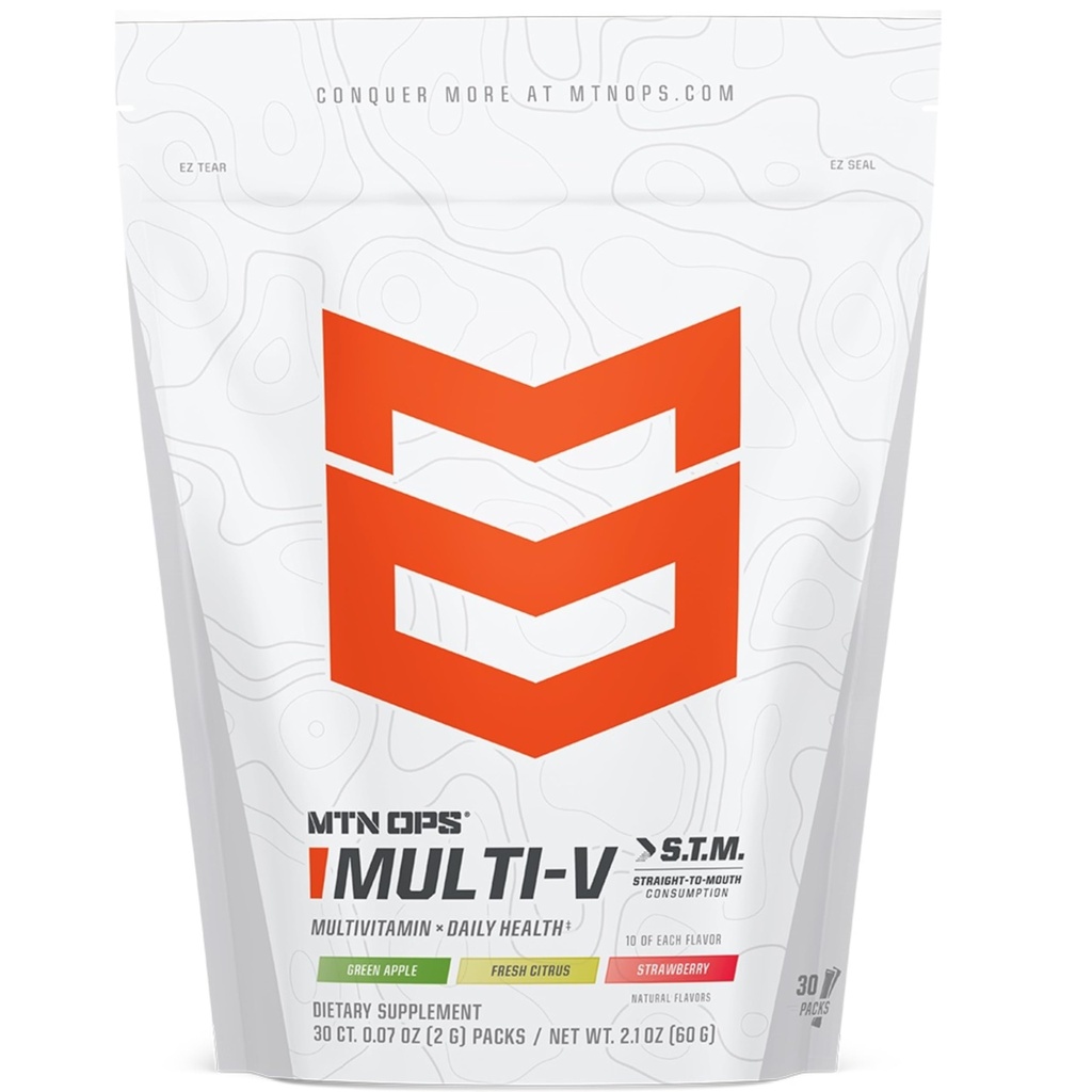 MTN OPS Multi-V, Multivitamine quotidienne pour les femmes et les hommes avec support immunitaire, sans danger pour les enfants, packs STM sans gluten, variété de saveurs, 30 portions
