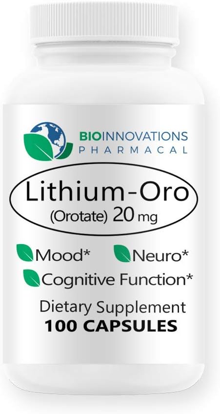 Lithium Oro 20 mg, ondersteunt gezonde Mood Emotionele Wellness, Gedrag en Geheugen. Biobeschikbaarheid, 100 caps (Elemental Lithium Orotate)