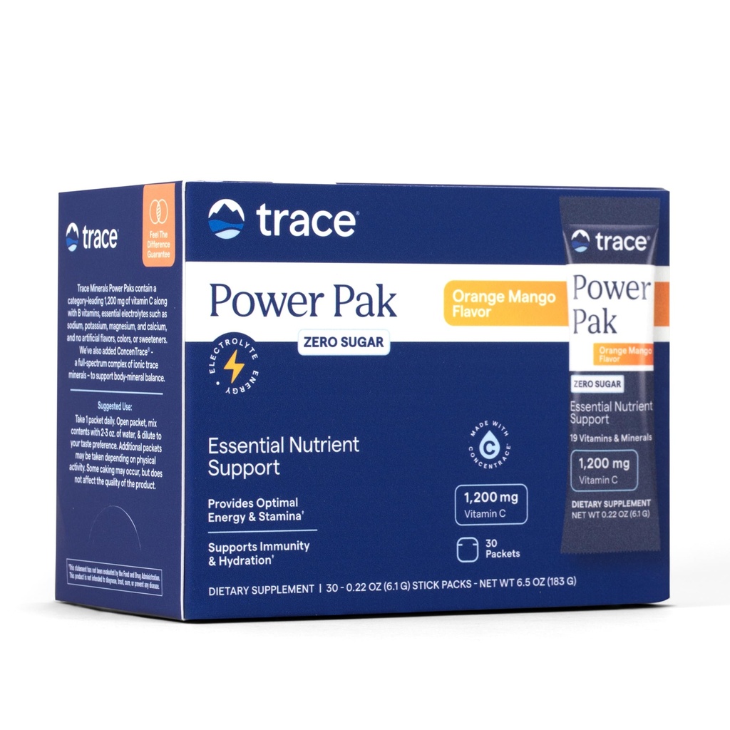 Trace Minerals Power Pak Multivitamine en Multimineral Packets - Electrolyte Support - 1200 mg Vitamine C Plus 70 Suikervrij - Orange Mango Smaak - 30 Packets