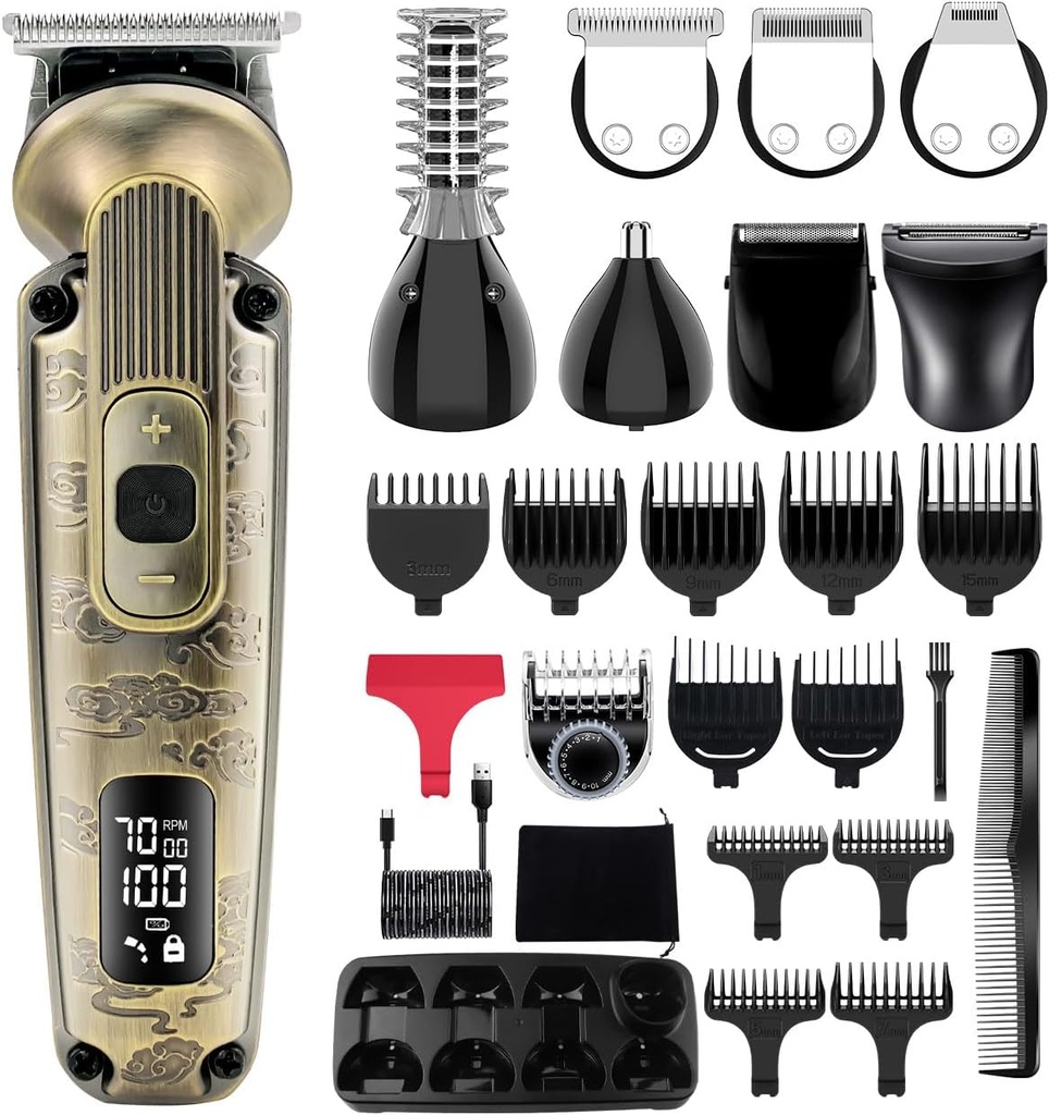 Hatteker Baard Trimmer snor trimmen voor mannen 8 in 1 verstelbare snelheid waterdichte haarclipper T-blade electische scheermes Cordless Heren Gift Grooming Kit met gezicht neus lichaam (brons)