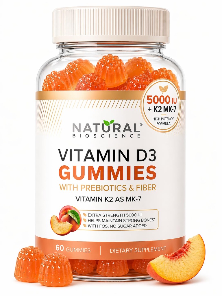 Suikervrij Vitamine D3 K2 Gummies - Vitamine D3 Gummies 5000 IE+K2 MK7 80 mcg, K2 D3 Vitamine Supplement Volwassenen, Vitamine D K2 voor Bones, Immune, Hart, Mood, Glutenvrij, Non-GMO, Natuurlijke Perzik smaak