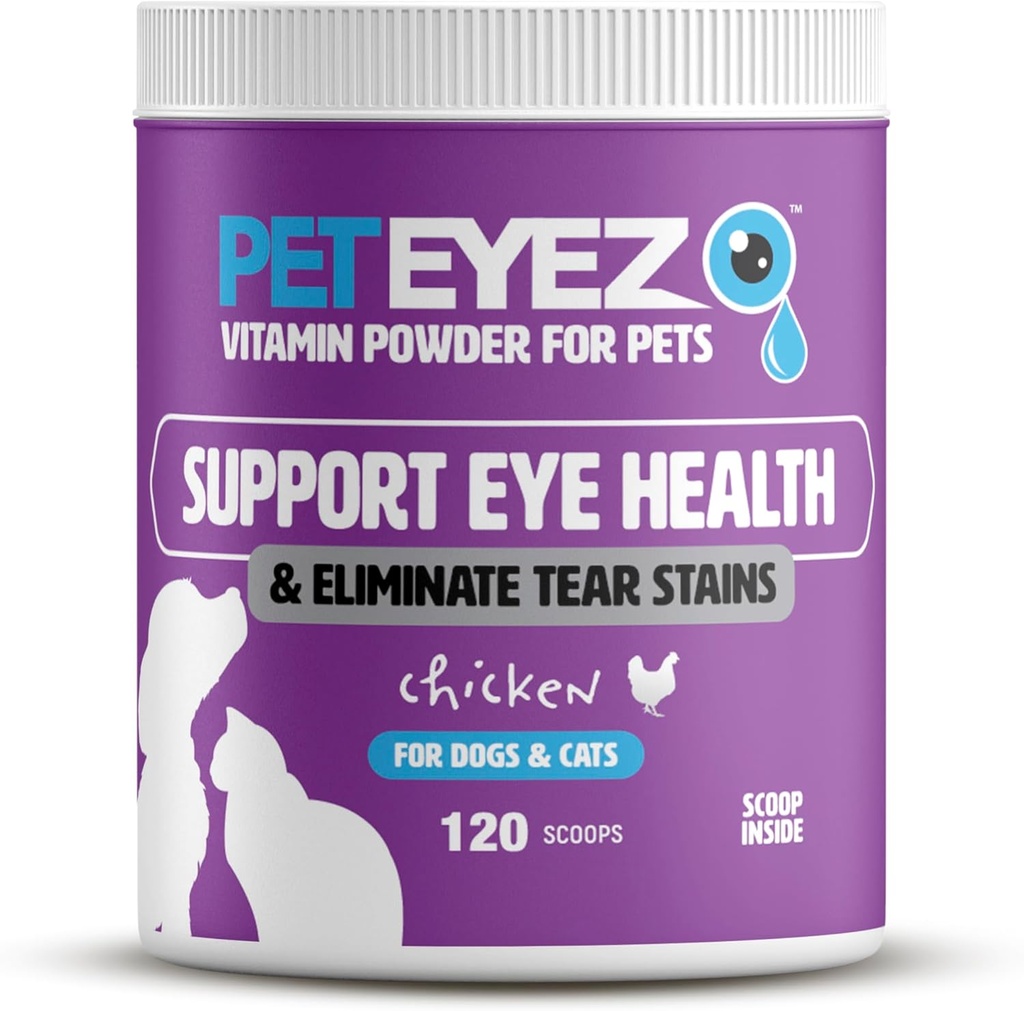 Pet Eyez vitamine poeder voor huisdieren - Ondersteunt gezondheid van het oog en vermindert Tear Stain Buildup - 100% natuurlijke voedsel Topper voor honden en katten met superfoods, antioxidanten en voedingsstoffen - Kip smaak - 120 scoops
