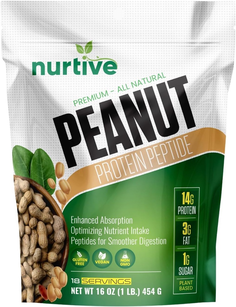 Peanut Protein Peptide Powder - Plant-Based, Rich in Nutriënt & Fiber - Ideaal voor atleten en fitness liefhebbers - Verbeterde oplosbaarheid en absorptie - 18 Servers (16 oz / 454 g)