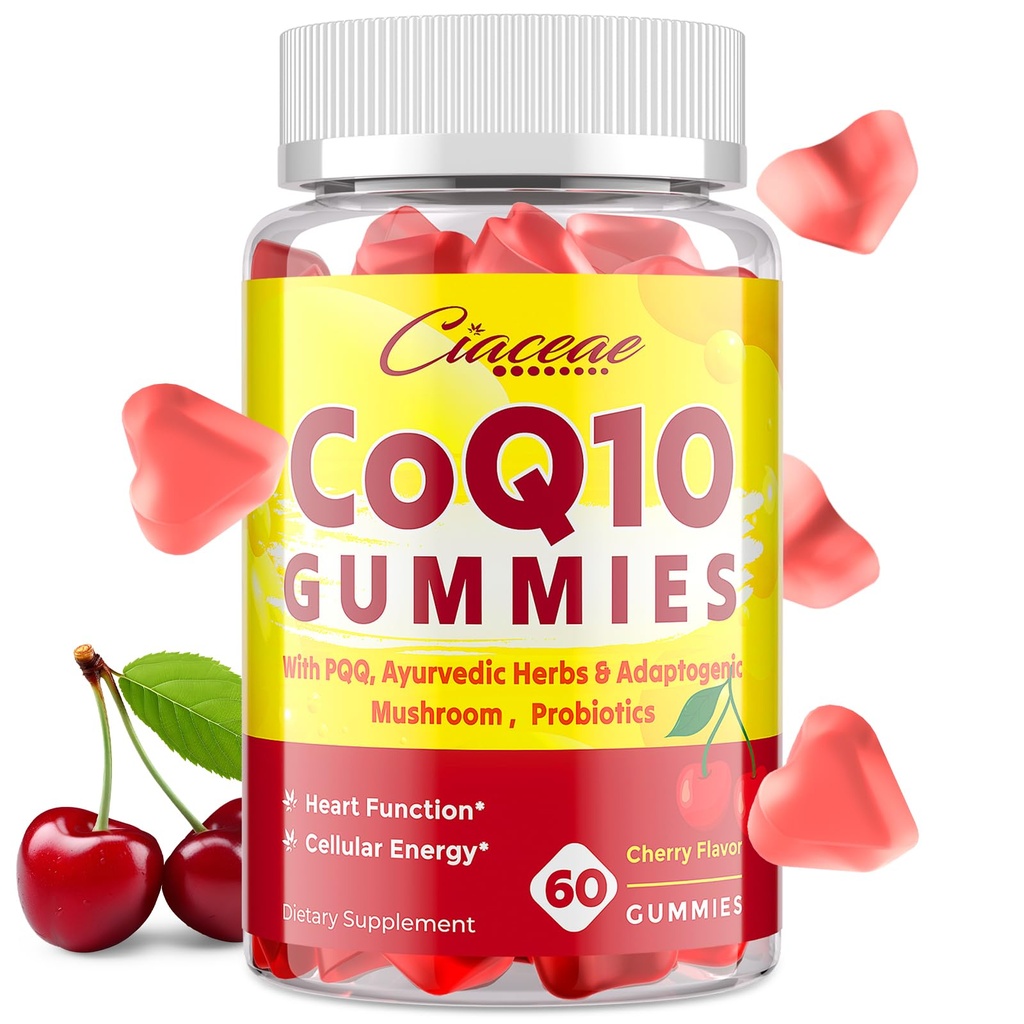 CoQ10 Gummies met PQQ - 400 MG CoEnzyme Q10 High Potency, Enhanced with Ayurvedic Herbs, Adaptogenic Mushroom Blend & Probiotics for Heart, Brain, Energy, Immunity, Cherry Flavor, 60 Vegan Gummies