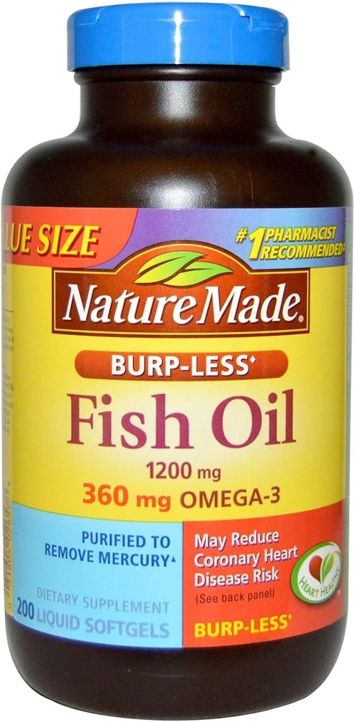 Nature Made Burp-Less Fish Oil 1200mg, 360mg Omega-3, Liquid Softgels 200ea (pack van 2)