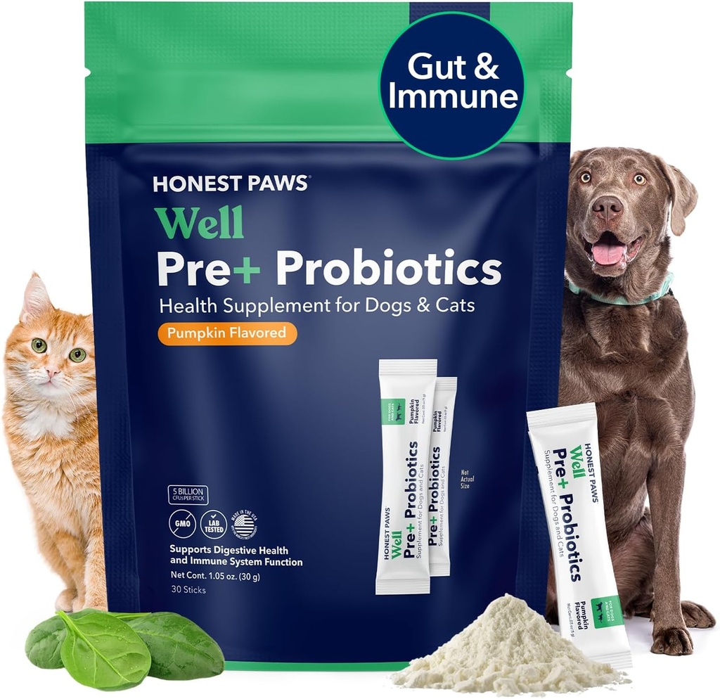 Eerlijke Paws Probiotica voor honden - Hondendigestie Gut Health Probiotic Powder met Prebiotic Made in The USA, Digestieve en Immune Support - Digestieve enzymen met pompoen smaak (30 Sticks)