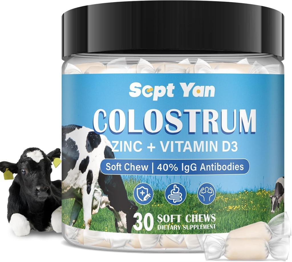 Colostrum Soft Chew Supplement (3000 mg + 40% IgG), Concentrated Bovine Colostrum Superfood Plus Vitamine D3 & Zine for Gut Health, Immune Support, Muscle Recovery & Wellness, Grass Fed, 30 Kauwen