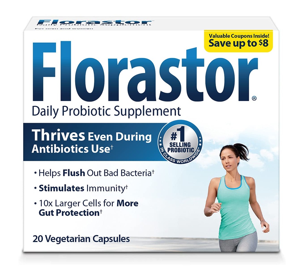 Florastor Supplément probiotique quotidien pour les femmes et les hommes, utilisation avec des antibiotiques, Saccharomyces Boulardii CNCM I-745 (20 gélules, boîte de 2)