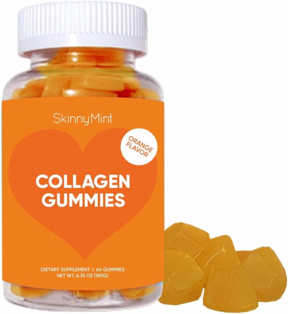 SkinnyMint Collageen Gummies Supplement voor een gezonde huid, Nails & Hair Support, Gluten Gratis Collageen Kauwbare Gummies voor mannen & vrouwen, Natuurlijk Oranje smaak -60 Count(180G) - 1 maand levering