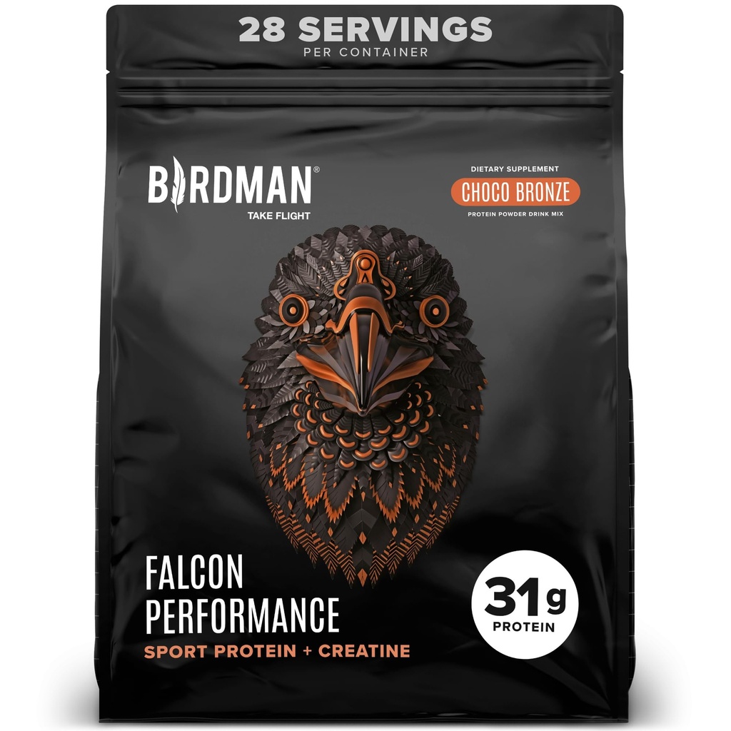 Birdman Falcon Performance Vegan Protein Powder, 31g Proteïne, 5g Creatine, 5g BCAA, Probiotica, Elektrolyten, Pre-workout, Low Carb, Suikervrij & Dairy Free, Plant Based Chocolate Protein, 28 porties