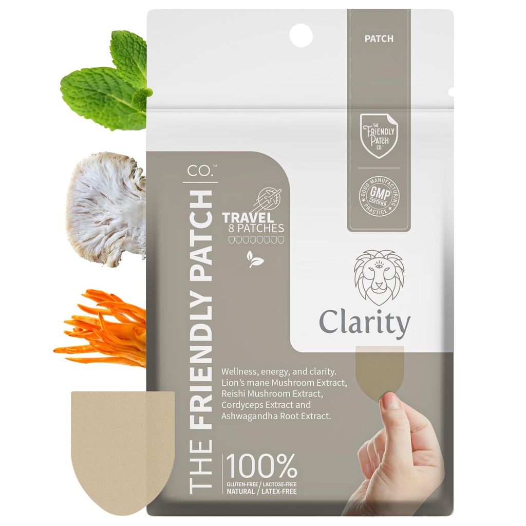 The Friendly Patch – Patchs de Champignons Clarity avec Lion, Reishi, Cordyceps & Ashwagandha – Nootropic Energy, Memory, Focus pour les femmes et les hommes 8 Pack