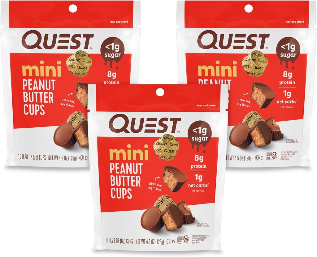 Quest Nutrition Mini Peanut Butter Cups, High Protein, Low Carb, Glutenvrij, 16 Tellen (pakket van 3)