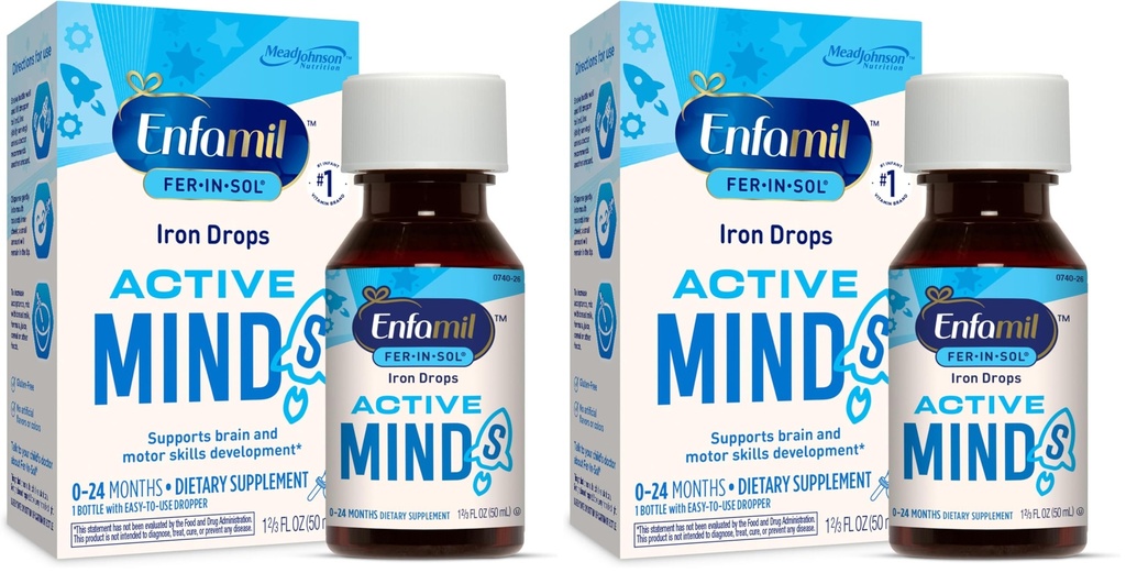 Enfamil Fer-in-Sol Iron Supplement Drops voor zuigelingen en peuters, ondersteunt Hersenontwikkeling, 50 ml Dropper Bottle (verpakking van 2)