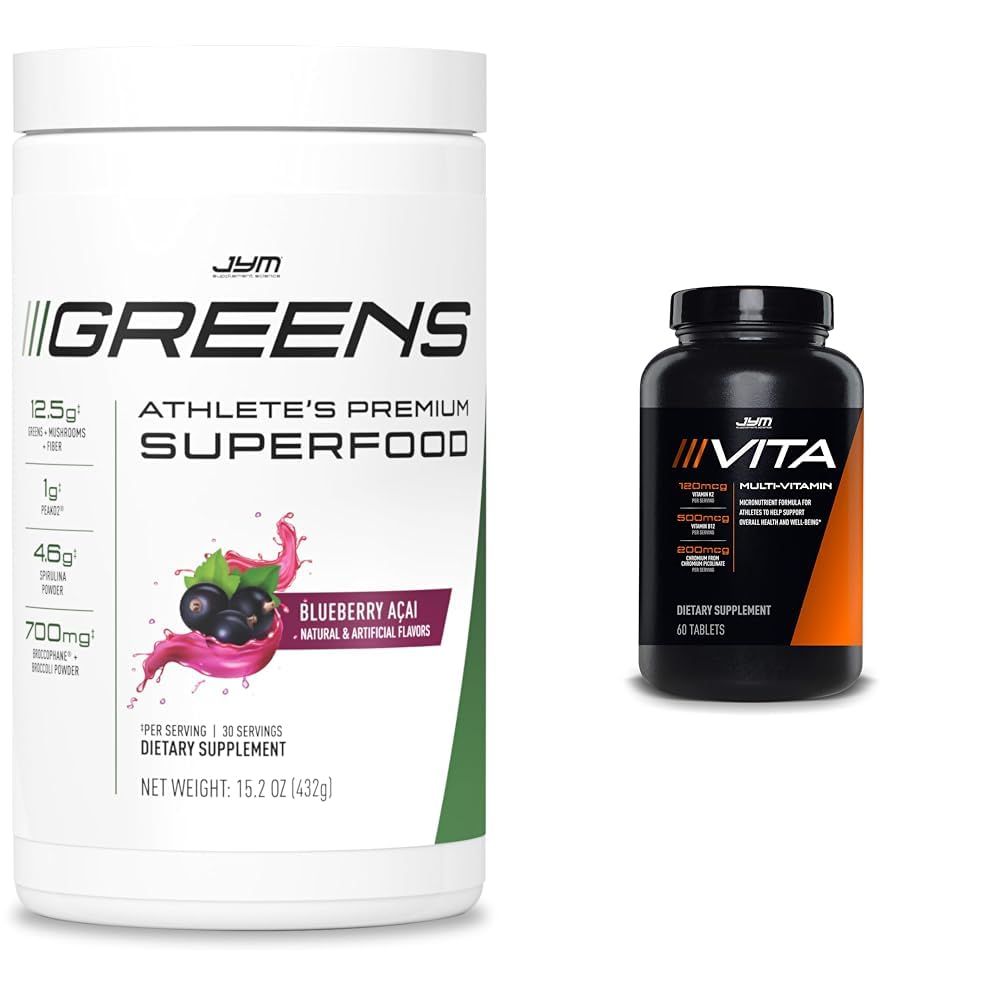 JYM Greens Super Food Blueberry Acai Powder with Spirulina & Vita JYM Multivitamin for Athletes 60 Tablets