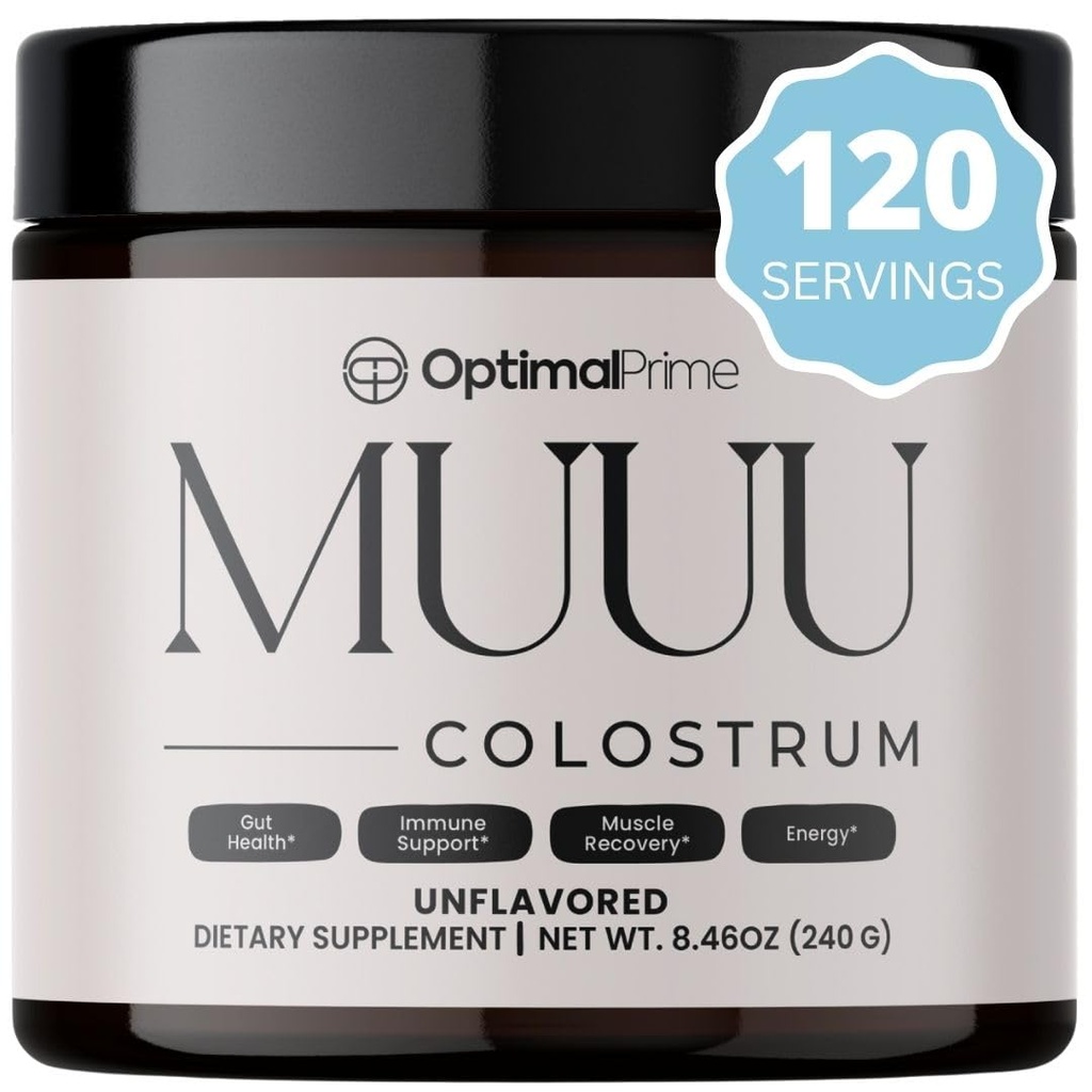 Optimale Prime - MUU Bovine Colostrum Supplement en Superfood Poeder voor Gut Health, Opgeblazen, Immune Ondersteuning, Haar, Huid, en Nagels Unflavored, 120 Servers