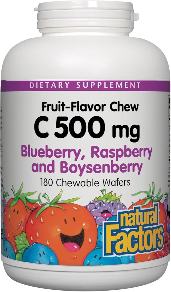 Natuurlijke factoren, Kauwbare vitamine C 500 mg, Ondersteunt Immune Health, Bones, Tanden en Gums, Bosbes, Framboos en Boysenberry, 180 Tellen (Pack of 1)