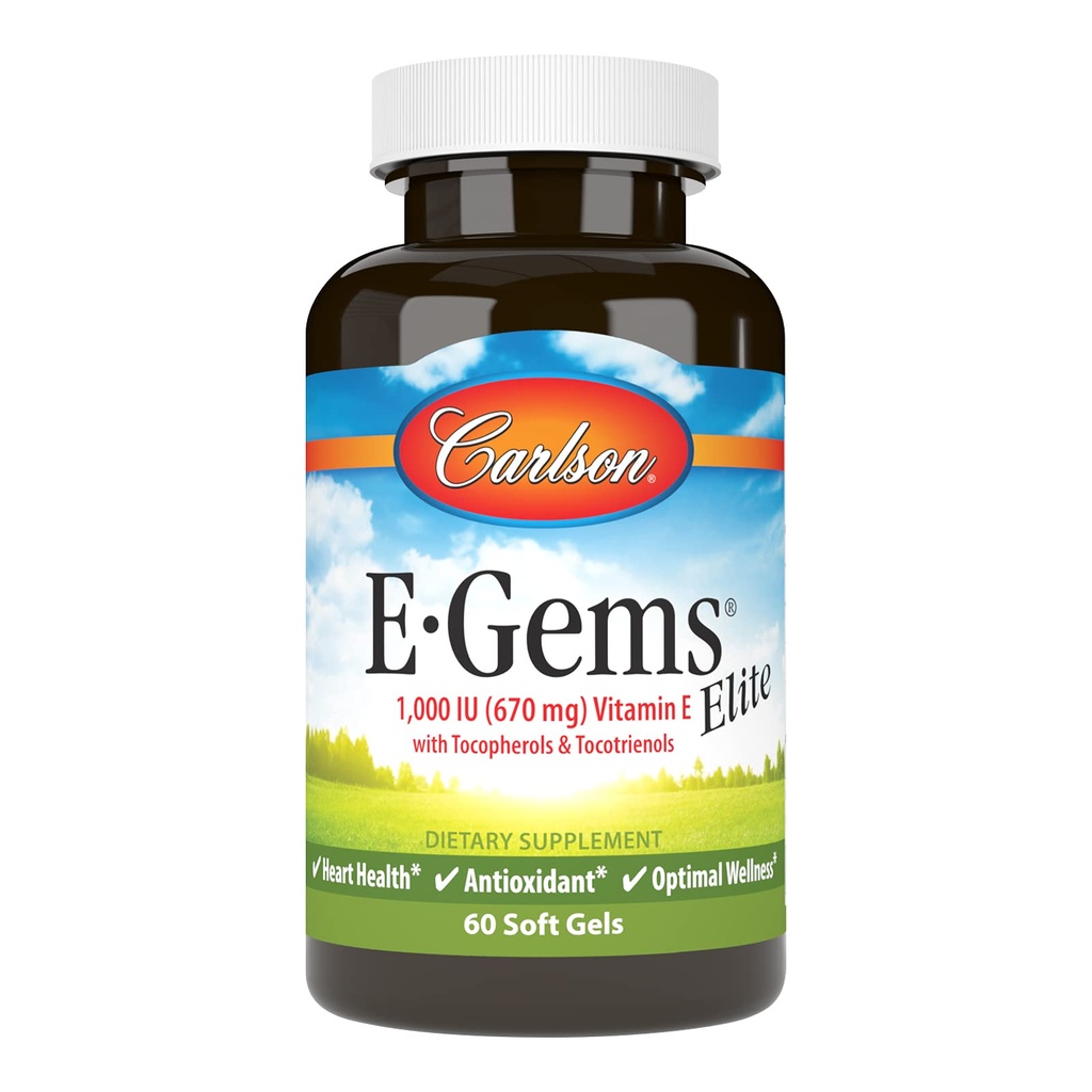 Carlson - E-Gems Elite, 1000 IE (670 mg) Vitamine E met Tocoferolen en Tocotrienolen, Optimale Wellness, 60 Softgels