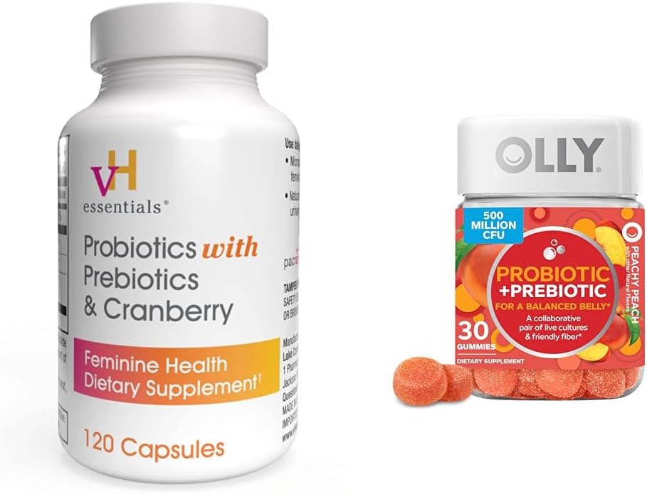 vH essentials Probiotica met Prebiotica en Cranberry Vrouwelijke Health Capsules bundel met OLLY Probiotic + Prebiotic Gummy Digestief en Gut Health Chewable Supplement
