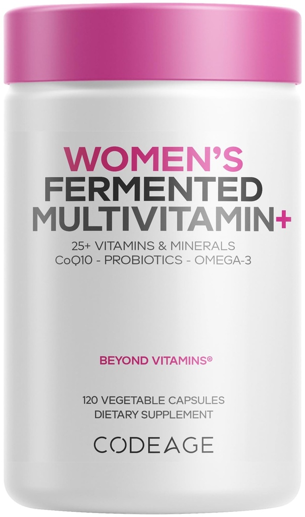 Codeage Vrouwen Dagelijkse Multivitamine, 25+ Vitaminen & Mineraal, Gefermenteerd, Biologische Geheel Voedingsmiddelen, Probiotica Supplement - Vitamine A, B, C, D, E & K, Omega 3, Zink Vegan - 120 Capsules