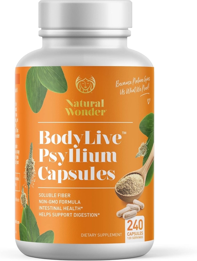 BodyLive Psyllium Husk Fibre Capsule Non-OGM 725mg, 240 Capsules (1450mg/serveur, 120 portions) Supplément pour le nettoyage des colonies, régularité, digestion saine, prébiotique, laxatif, santé cardiaque