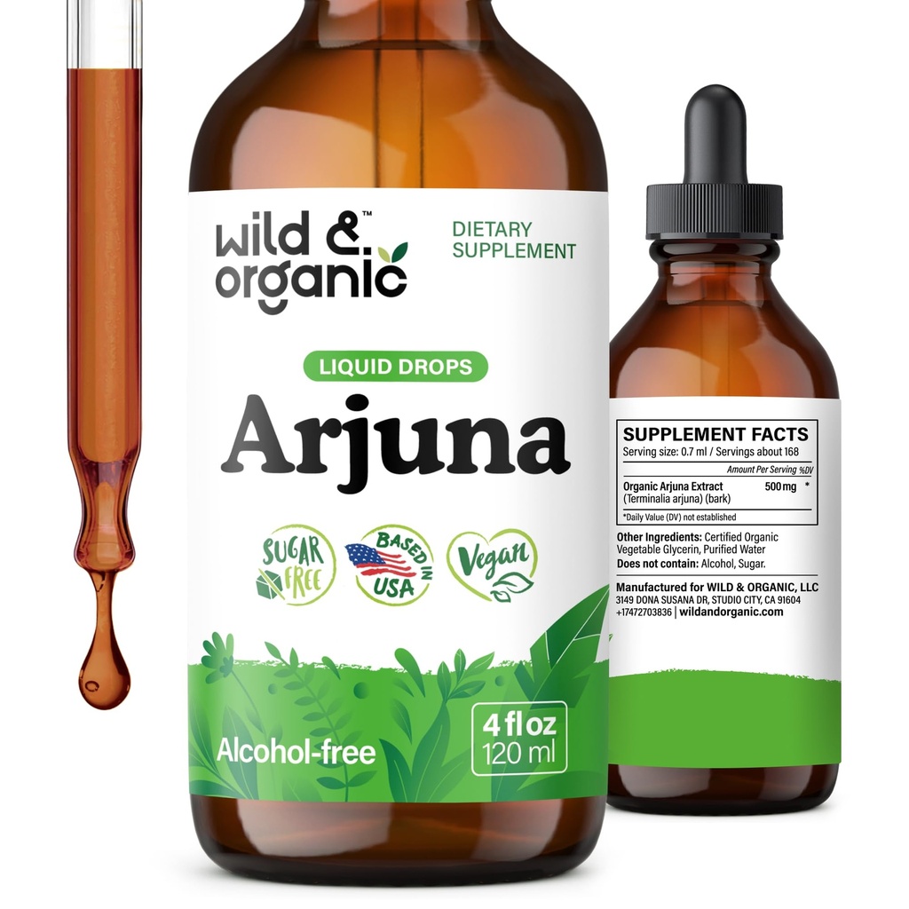 Wild & Organic Arjuna Bark Extract Drops - Antioxidant Support - Terminalia Arjuna Extract Supplement - Add to Tea & Mix with Powder - No Sugar & Alcohol, Non-GMO, Vegan - 4 fl oz