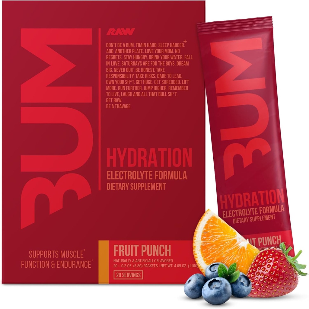 RAW Electrolytes Poeder Hydration Drink Mix Packets, BUM Hydrate (Fruit Punch, 20 Servings) - Electrolyte Hydration Packets ondersteunt spierfunctie & endurance - Keto Free Electrolytes Powder Packets