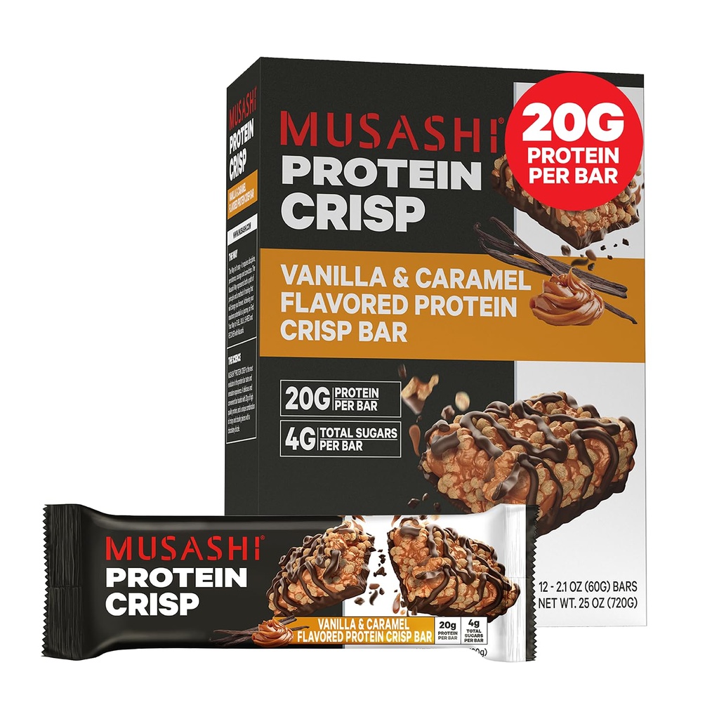MUSASHI Protein Crisp Bar, 20g Proteïne, 4g Totaal Suikers, Vanille & Caramel, Post Workout en Snack On The Go, 12 Pack van 2.1oz (60g) Bars