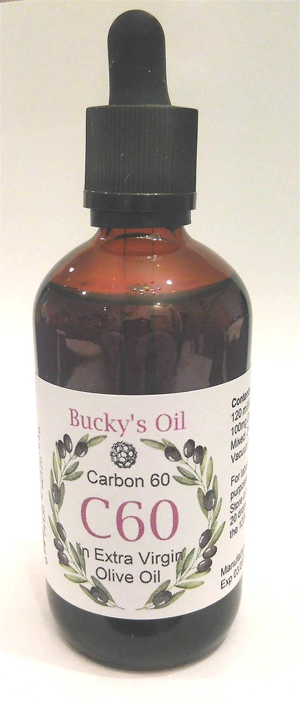 C60 - 120ml Extra Virgin Olijfolie met 100mg Carbon 60 99,95% in oplossing.