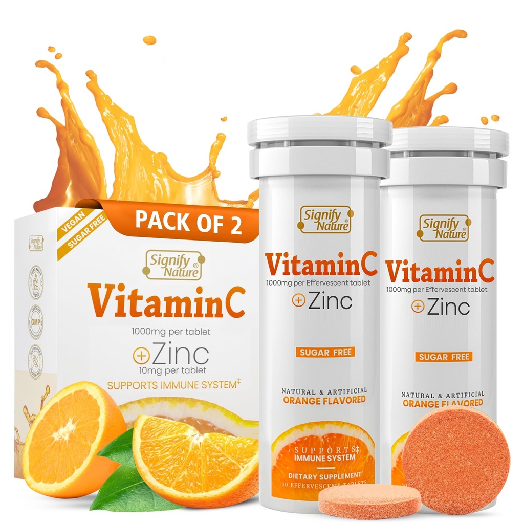 SIGNIFY NATUUR Vitamine C 1000mg Bruisende tabletten - Krachtige Immune Support VIT C met zinksupplement - Suikervrije en Veganistische formule 