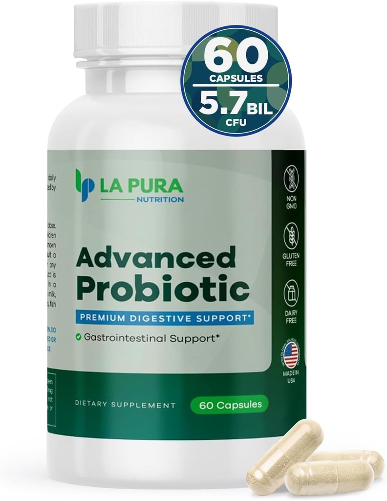 LaPura Advanced Probiotic - Premium Digestive Support for Gut & Immune Health, 60 Capsules - 5,75 miljard CFU Probiotica Inclusief DE111 stam (Bacillus subtilis) - Non-GMO, Glutenvrije, Made in USA