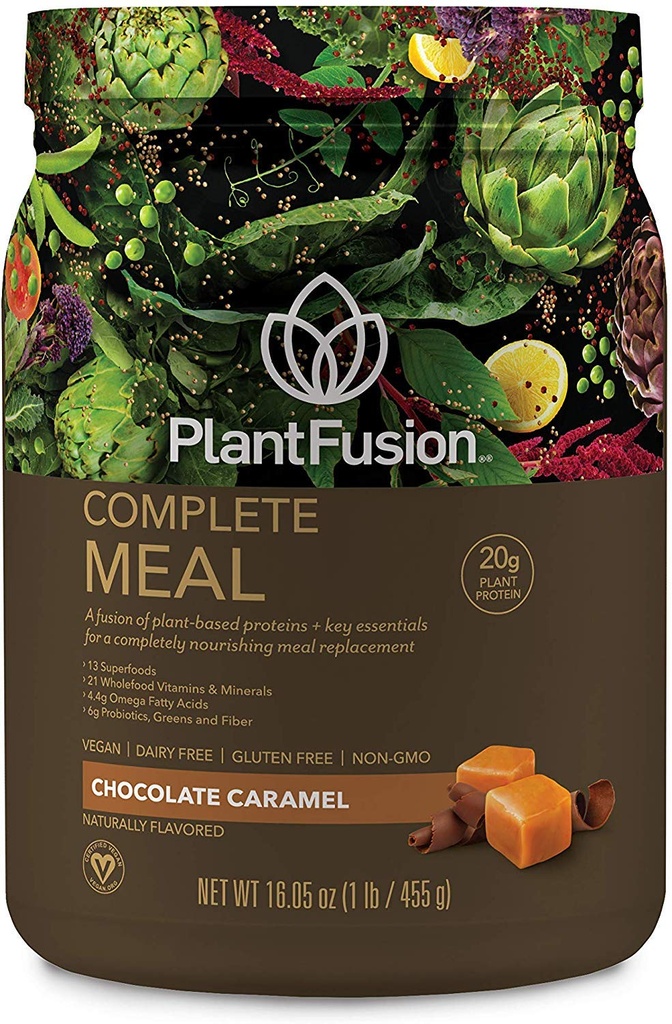 PlantFusion Complete Meal Replacement Shake - Plant Based Protein Powder with Superfoods, Greens & Probiotics - Vegan, Glutenvrij, Soy Free, Non-Dairy, No Sugar, Non-GMO - Chocoladekaramel 1 lb