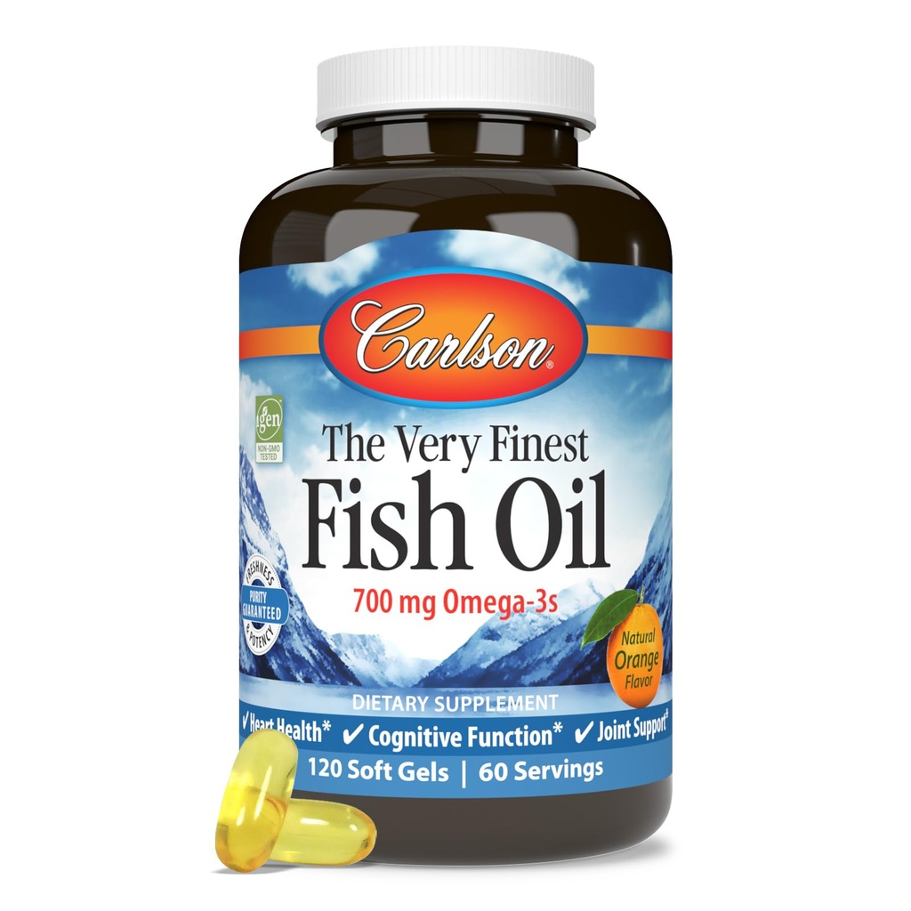 Carlson - De zeer fijnste visolie, 700 mg Omega-3s, Noorse visoliesupplement, Wild Caught Omega 3 Visolie, duurzaam geproduceerde visolie Capsules, Omega 3 Supplement, Oranje, 120 Softgels