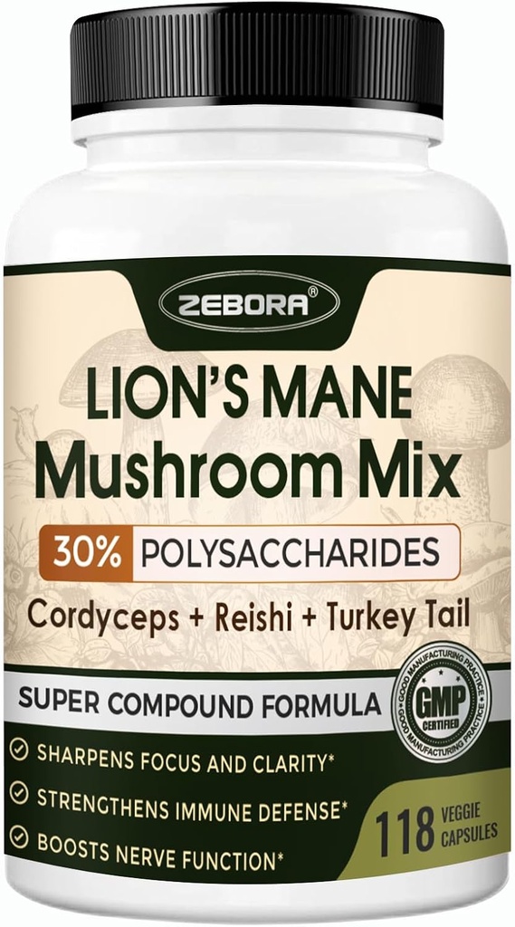 Lions Mane Supplement Capsules - Paddestoel Supplement met Lions Mane, Cordyceps, Reishi, Turkije staart, Shiitake - Lions Mane Supplement voor geheugen, Focus & Immune Support - 118 Vegan Paddestoelen Capsules