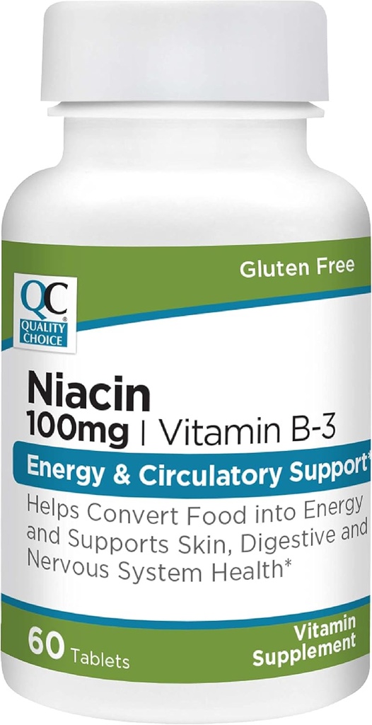 Quality Choice Niacin (Vitamine B3) Energy & Ciculatory Support 100 mg Supplement, 60 Telflessen