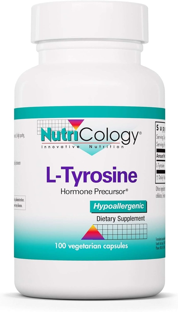 Nutricologie L-tyrosine - Hersenondersteuning, Hormone Precursor, Vrije vorm Aminozuur, 500 mg Supplement, Schildklier Ondersteuning Capsules - 100 Tellen