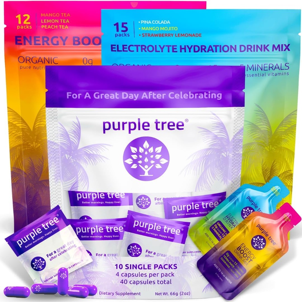 Paarse boom Premium 3x1 Combo: Post-Celebration Wellness Pillen, Biologische Hydration, Next Day Energie Stick Packets 