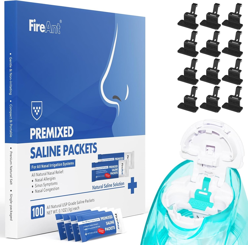 FireAnt 100 Saline Packets en 12 herbruikbare Saline Pods Refills Set, Compatibel met Nasal Care Nasal Care - Inclusief 100 Count Salt Packets Sinus Rinse + 12 Pack Siliconen Zout Pads Hervullen in zwart