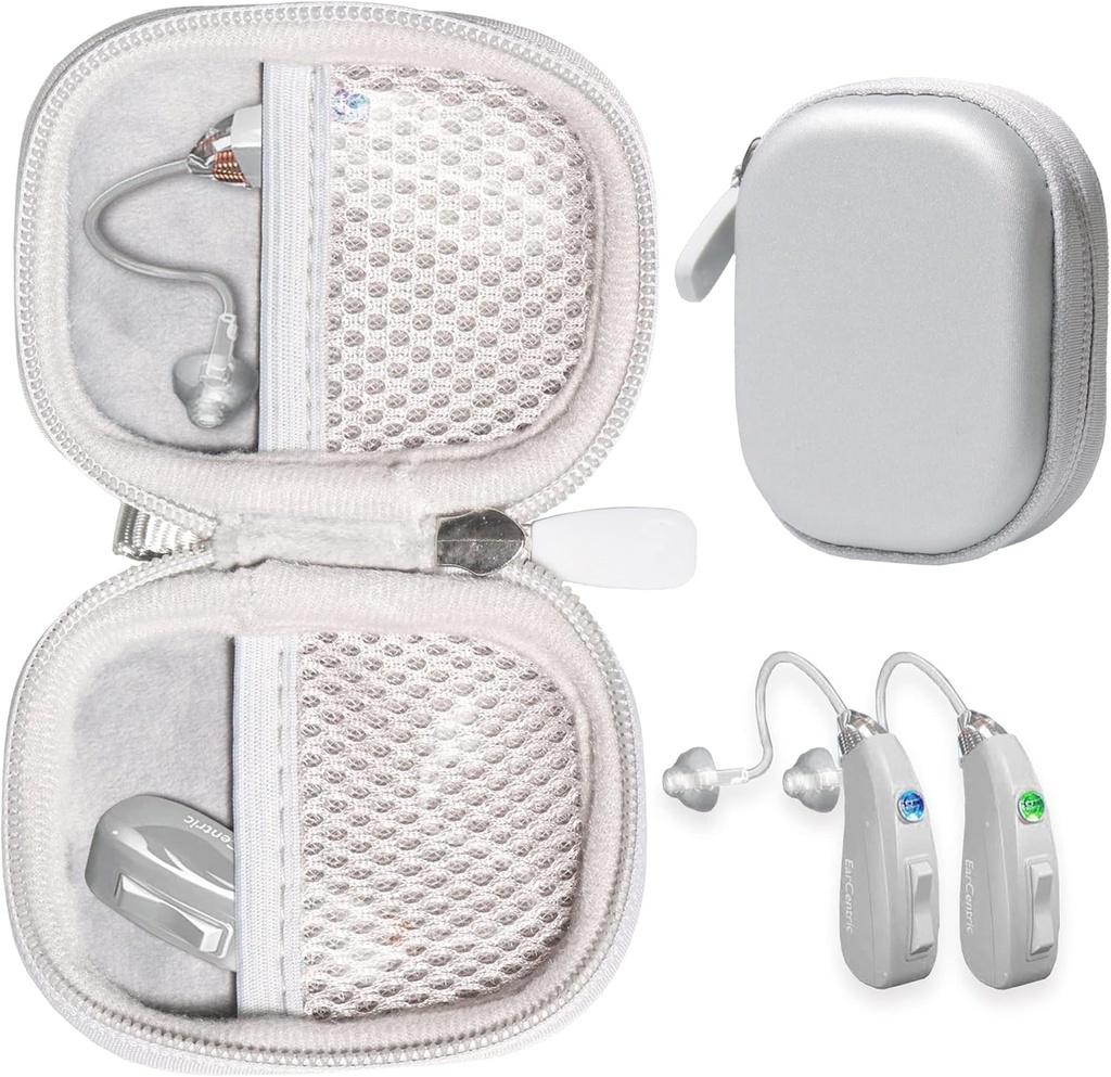 CaseSack Case for Hearing Aids compatible with EarCentic EasyCharge Rechargeable Hearing Aids ook voor Otofonix Elite/Encore, Banglijian, Britzgo, My Tone, LIGINN, Blaids, Lexie, Tweek (Zilver)