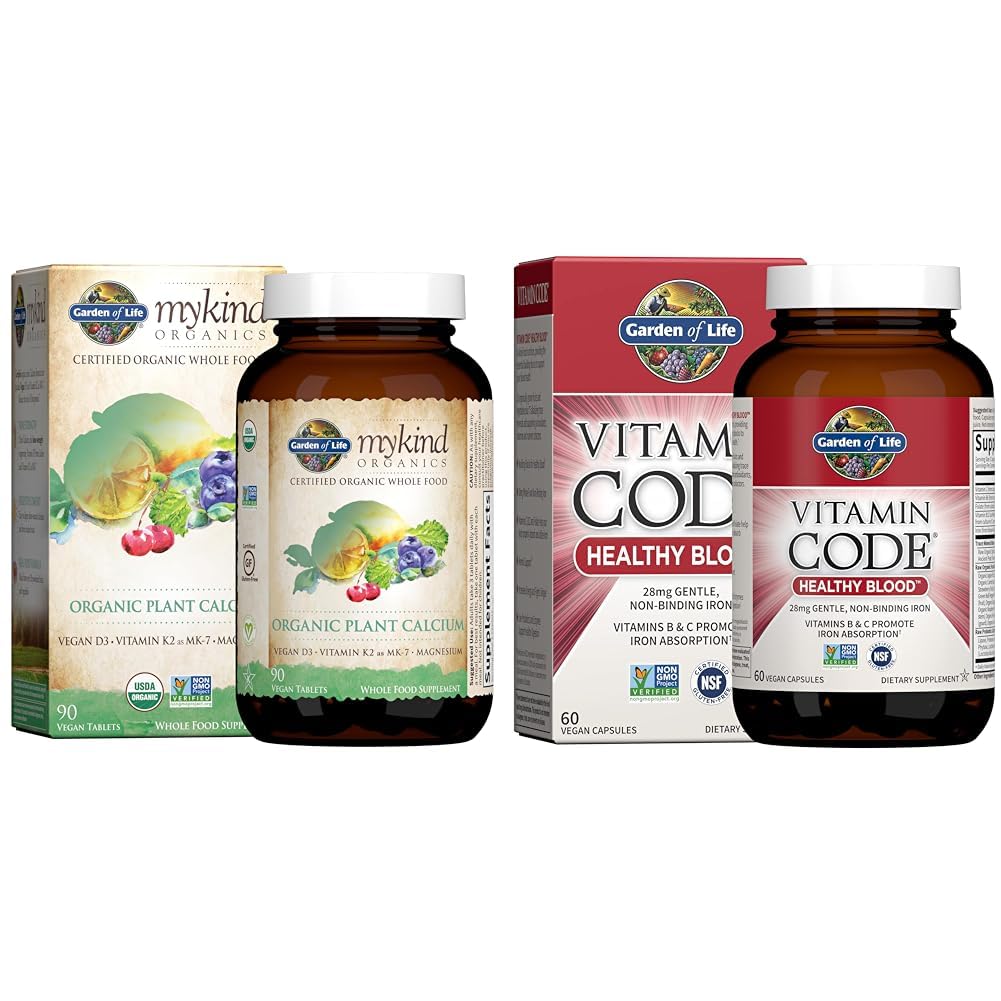 Garden of Life Organics Plant Calcium met Magnesium, Vitamine D3 & K2 MK7 Plus Vitamine Code gezond bloed met 28mg ijzer voor anemie Ondersteuning