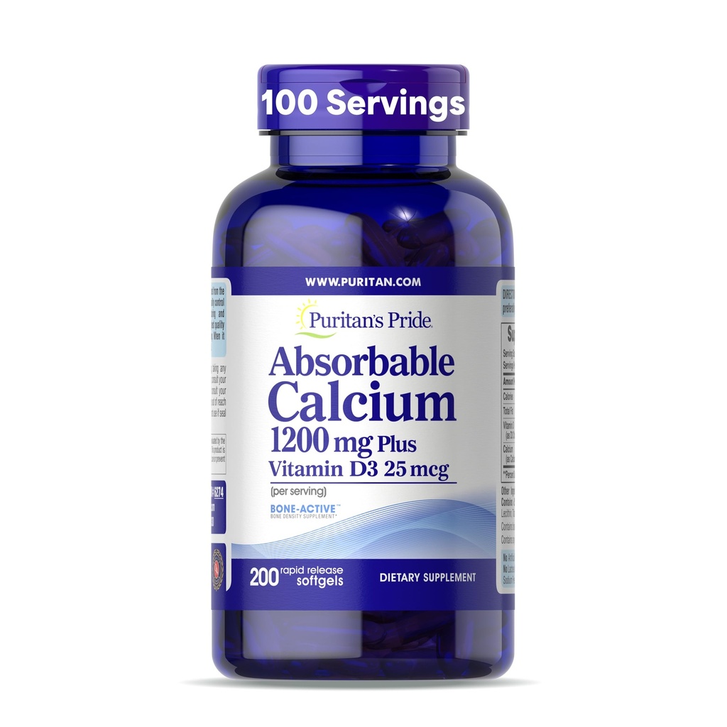Puritan's Pride Absorbable Calcium 1200 mg Plus Vitamine D3 25mcg 1000 IE met Bone-ActiveTM, 200 Rapid Release Softgels