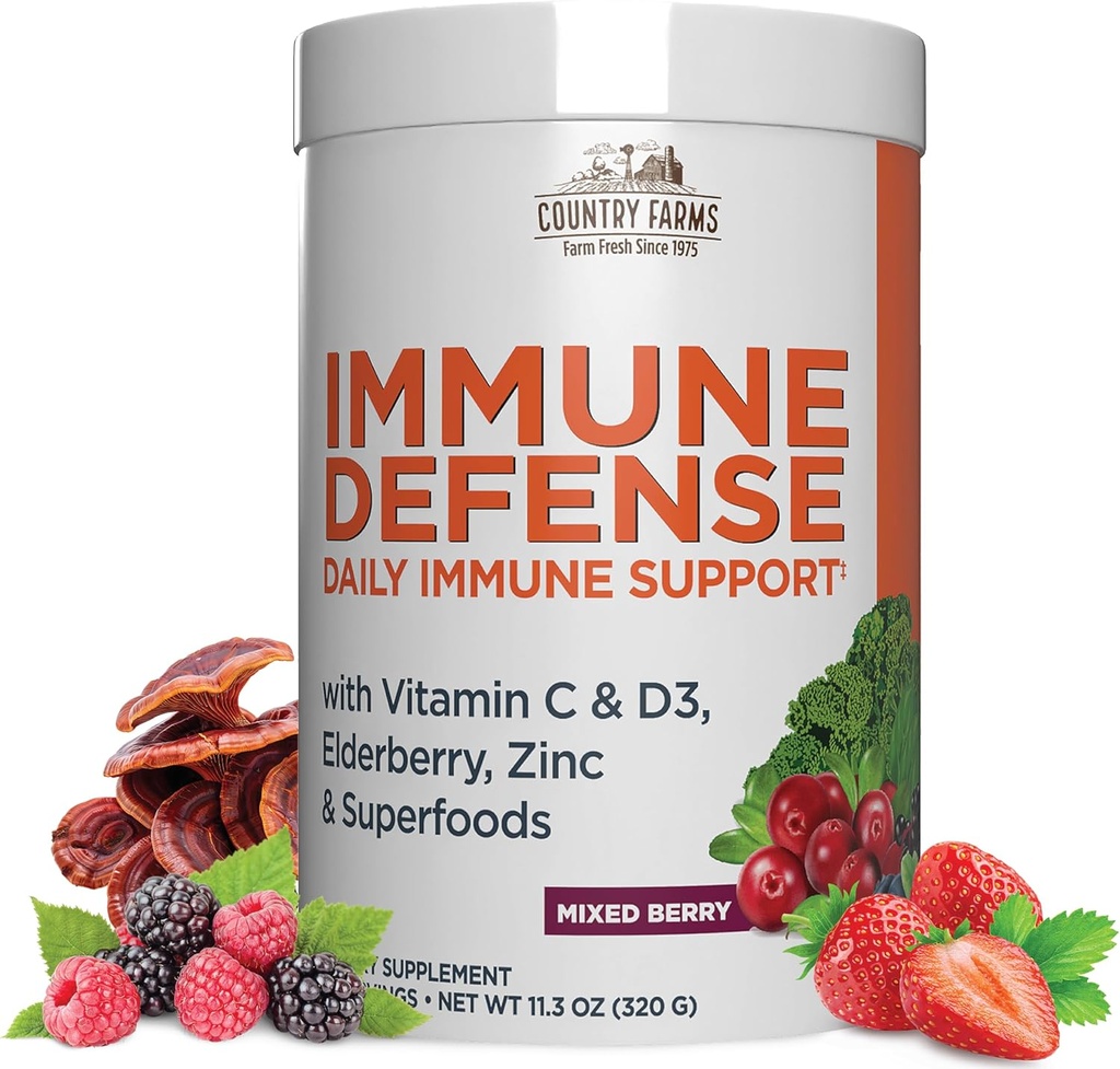 LAND LANDBOUW Immuun verdediging Superfoods, Immuun Ondersteuning Supplement, Vitamine C met zwarte vlierbes, Echinacea, Kurkuma, Ondersteunt Hydratatie, met Probiotica en Prebiotica, Berry smaak, 40 Serven