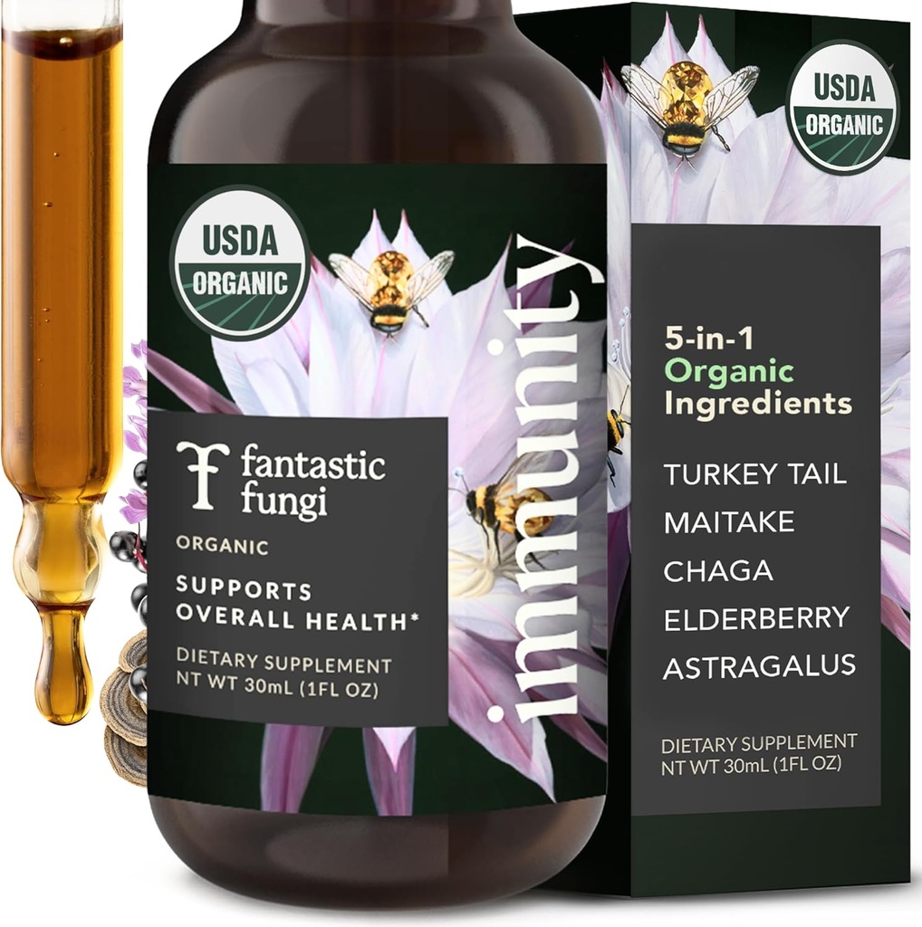 Fantastic Fungi Mushroom Extract Drops - Immunity Elixir with Turkey Tail Mushroom Extract, Maitake, Elderberries, Chaga & Astragalus - 5-in-1 Organic Immune Support Supplement, 30 Servings, 1 fl oz