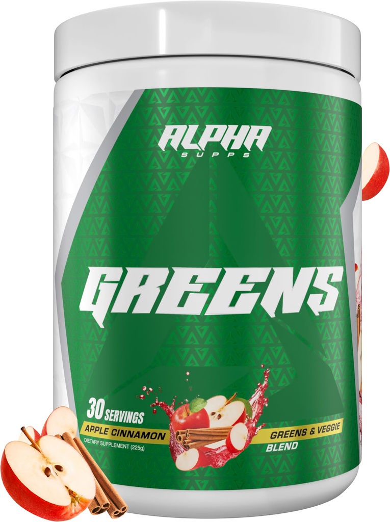 Alpha Supps - Alpha Greens Supplement | Fruit & Vegetable Superfood Powder | Over 40 Natural Plant Based Ingredients | Prebiotic & Probiotic Digestive Support Blend - 30 Servings (Apple Cinnamon)