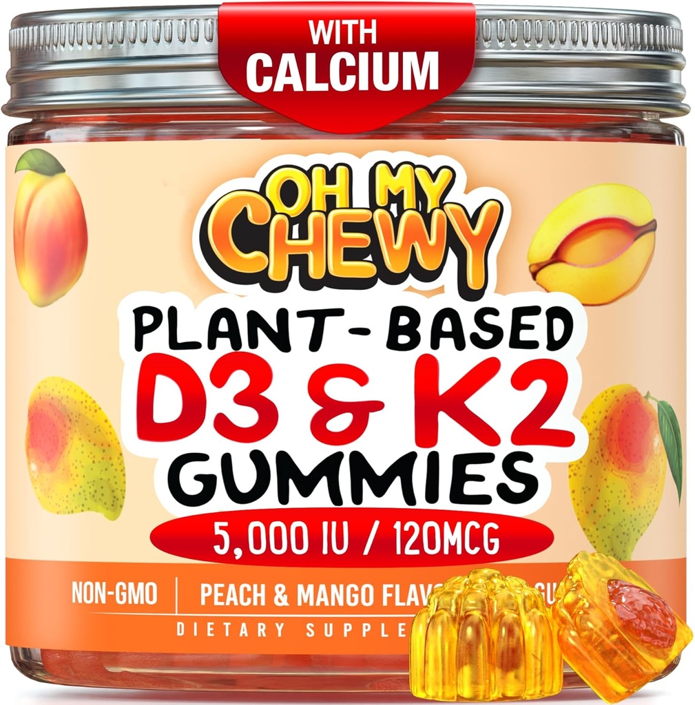 Center-Filed Vitamine D3 K2 Gummies - Kids, Teens & Adults - Supplement for Healthy Teeth, Bone, Energy & Immunity - 5000 IE D3, 120 mcg K2(MK-7), 120 mg Calcium - Vegan & Non-GMO - 120 Tel.